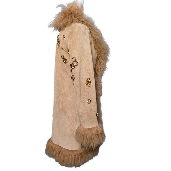Penny Lane 100% genuine Suede Jacket, Lamb Fur Trim, Sequin Embroidery - S - Picture 4 of 12